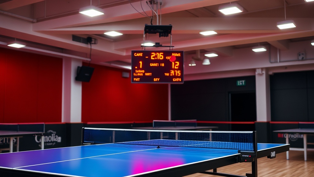 탁구 경기장의 전광판에 표시된 점수 현황과 게임 진행 상태