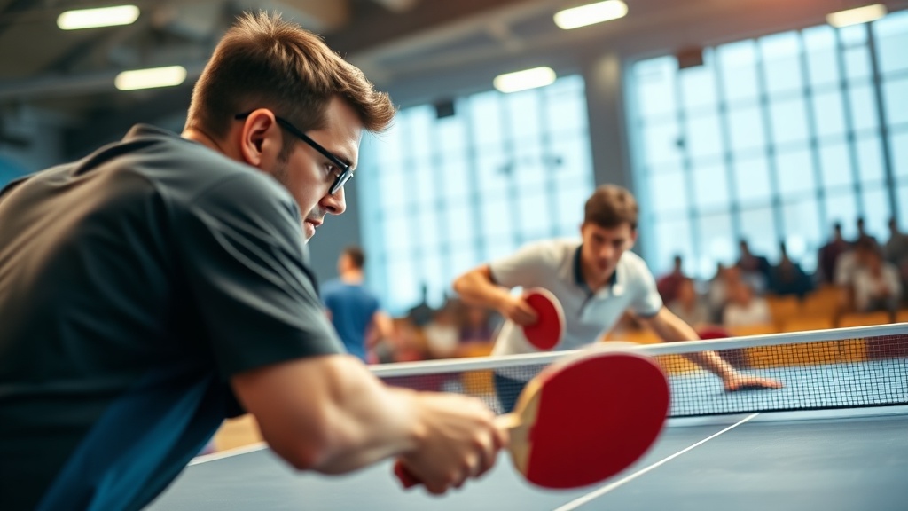 탁구 경기장에서 진행되는 공식 대회의 게임 진행 모습